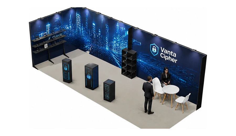 Stoisko 8 × 3 m narożne lewe dla branży cyberbezpieczeństwo, przykładowa marka Vanta Cipher