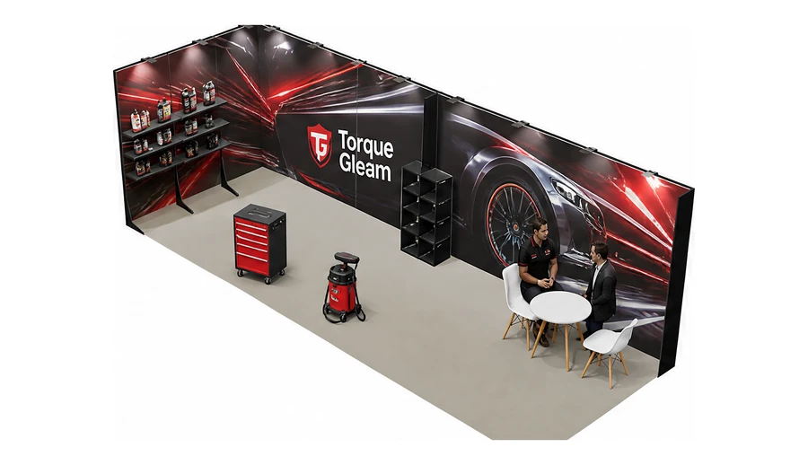 Stoisko 8 × 3 m narożne lewe dla branży tuning i detailing, przykładowa marka Torque Gleam