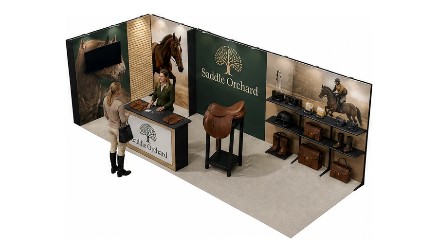 Stoisko 8 × 3 m narożne lewe dla branży jeździectwo, przykładowa marka Saddle Orchard
