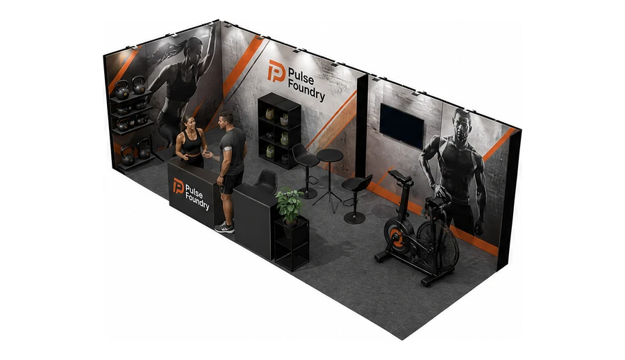 Stoisko 8 × 3 m narożne lewe dla branży fitness i siłownie, przykładowa marka Pulse Foundry