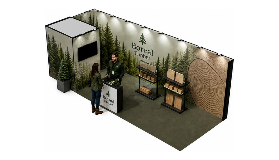 Stoisko 8 × 3 m narożne lewe dla branży leśnictwo i przemysł drzewny, przykładowa marka Boreal Timber