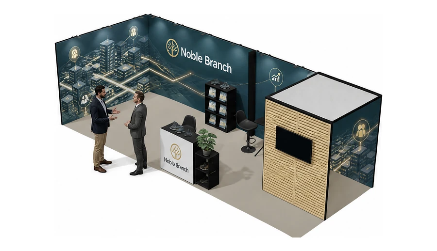 Stoisko 8 × 3 m narożne lewe dla branży franczyza i sieci, przykładowa marka Noble Branch