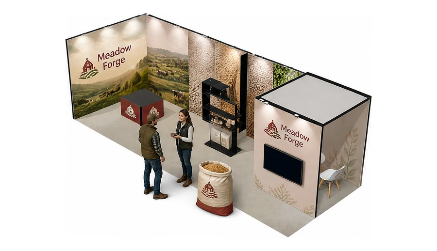 Stoisko 8 × 3 m narożne lewe dla branży hodowla i pasze, przykładowa marka Meadow Forge