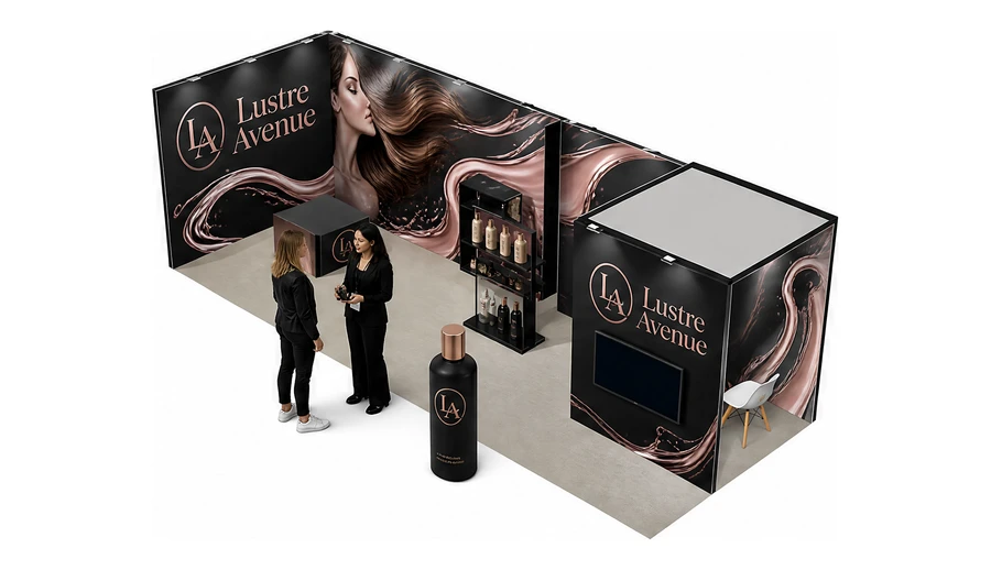 Stoisko 8 × 3 m narożne lewe dla branży fryzjerstwo i salony beauty, przykładowa marka Lustre Avenue