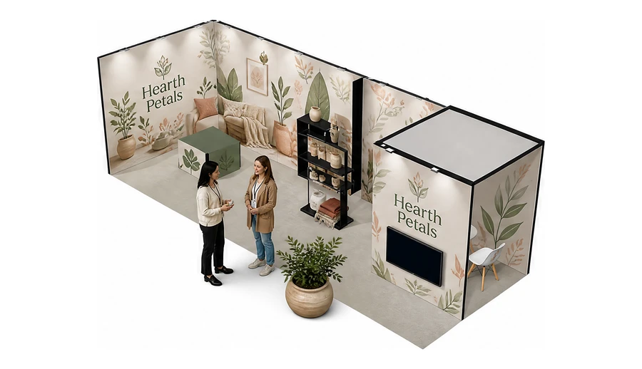 Stoisko 8 × 3 m narożne lewe dla branży dekoracje i upominki, przykładowa marka Hearth Petals
