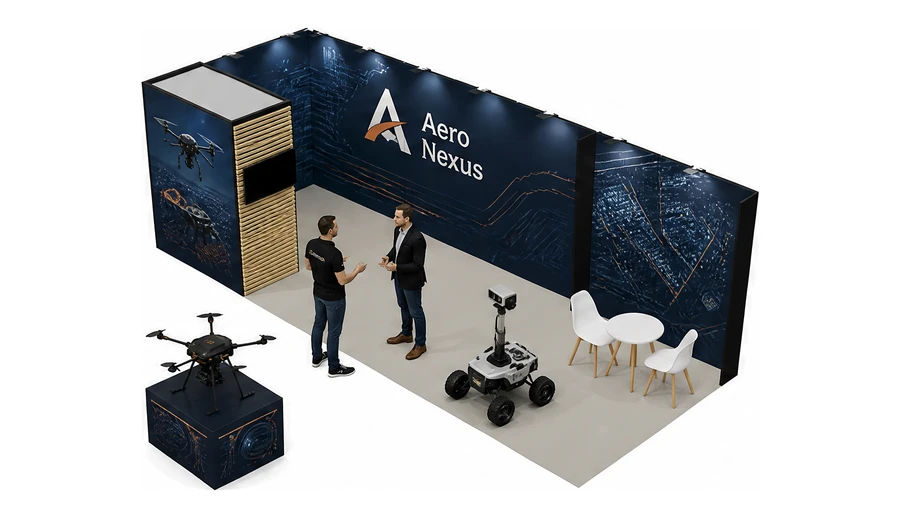 Stoisko 8 × 3 m narożne lewe dla branży drony i robotyka, przykładowa marka Aero Nexus