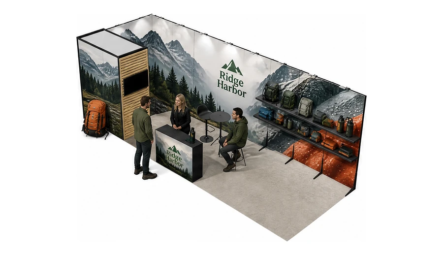 Stoisko 8 × 3 m narożne lewe dla branży odzież i sprzęt outdoorowy, przykładowa marka Ridge Harbor