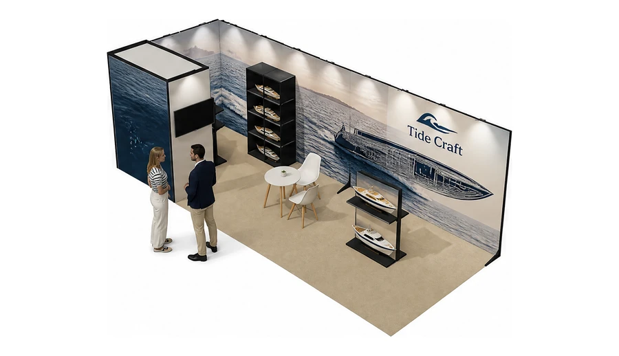 Stoisko 8 × 3 m narożne lewe dla branży jachty i łodzie, przykładowa marka Tide Craft