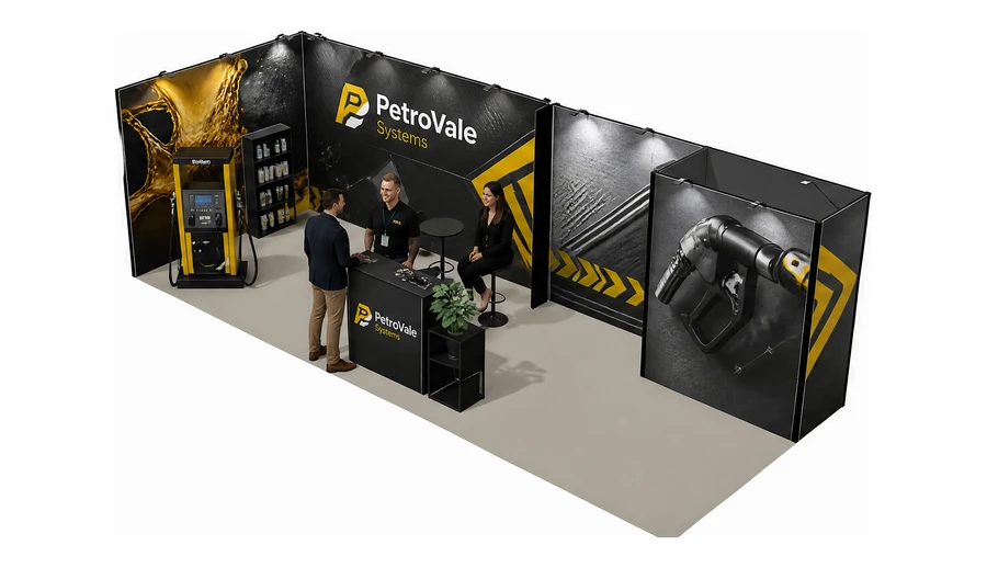 Stoisko 8 × 3 m narożne lewe dla branży stacje paliw, przykładowa marka PetroVale Systems