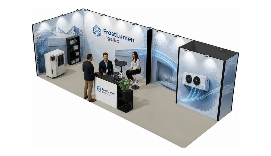 Stoisko 8 × 3 m narożne lewe dla branży łańcuch chłodniczy, przykładowa marka FrostLumen Logistics