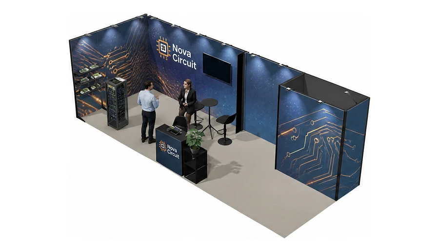 Stoisko 8 × 3 m narożne lewe dla branży komponenty elektroniczne, przykładowa marka Nova Circuit