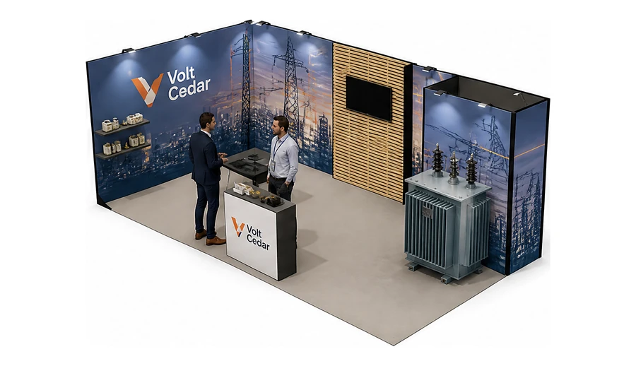 Stoisko 8 × 3 m narożne lewe dla branży energetyka i sieci, przykładowa marka Volt Cedar