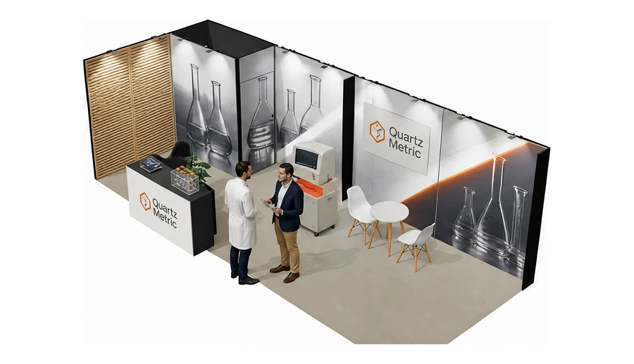 Stoisko 8 × 3 m narożne lewe dla branży sprzęt laboratoryjny, przykładowa marka Quartz Metric