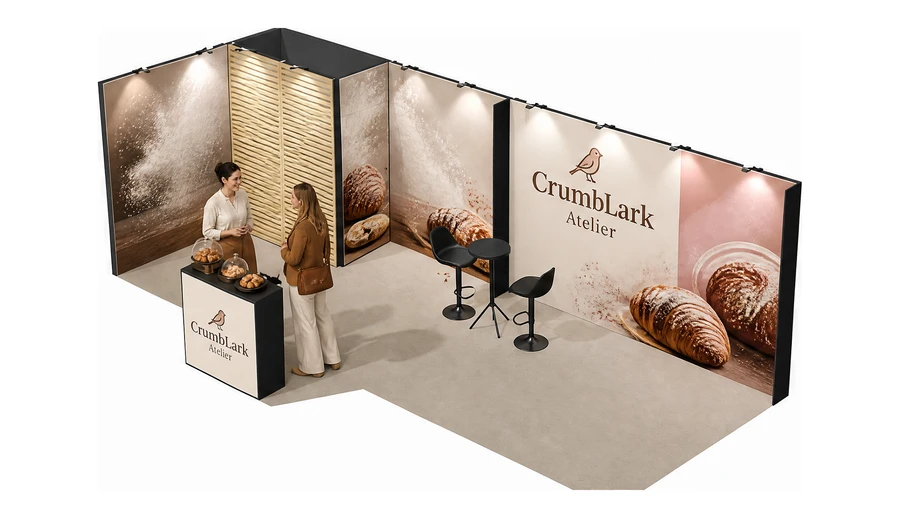 Stoisko 8 × 3 m narożne lewe dla branży piekarnictwo i cukiernictwo, przykładowa marka CrumbLark Atelier