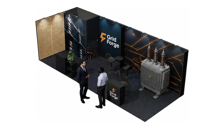 Stoisko 8 × 3 m narożne lewe dla branży energetyka i sieci, przykładowa marka Grid Forge