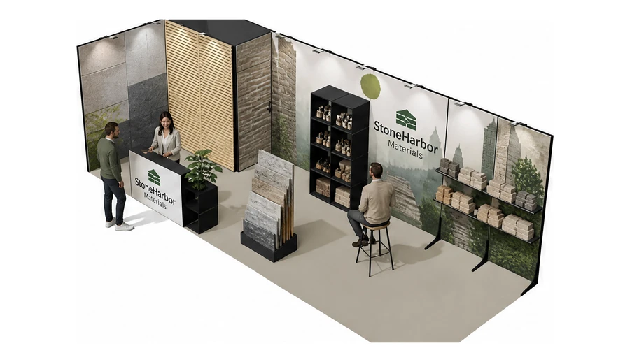 Stoisko 8 × 3 m narożne lewe dla branży materiały budowlane, przykładowa marka StoneHarbor Materials