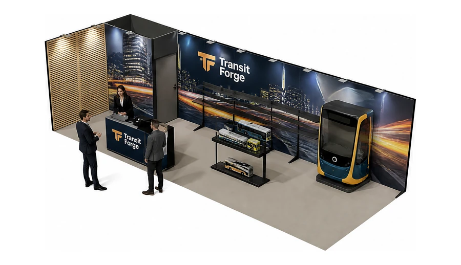 Stoisko 8 × 3 m narożne lewe dla branży autobusy i transport zbiorowy, przykładowa marka Transit Forge