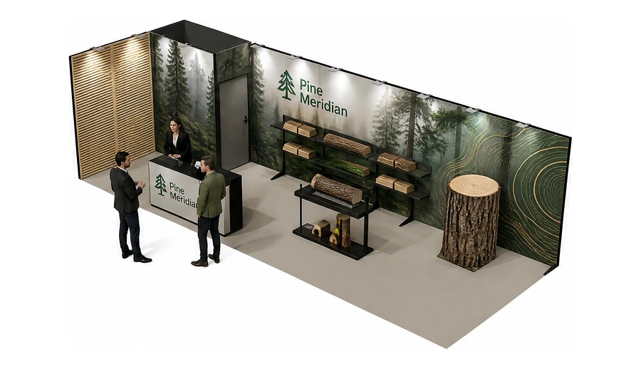Stoisko 8 × 3 m narożne lewe dla branży leśnictwo i przemysł drzewny, przykładowa marka Pine Meridian