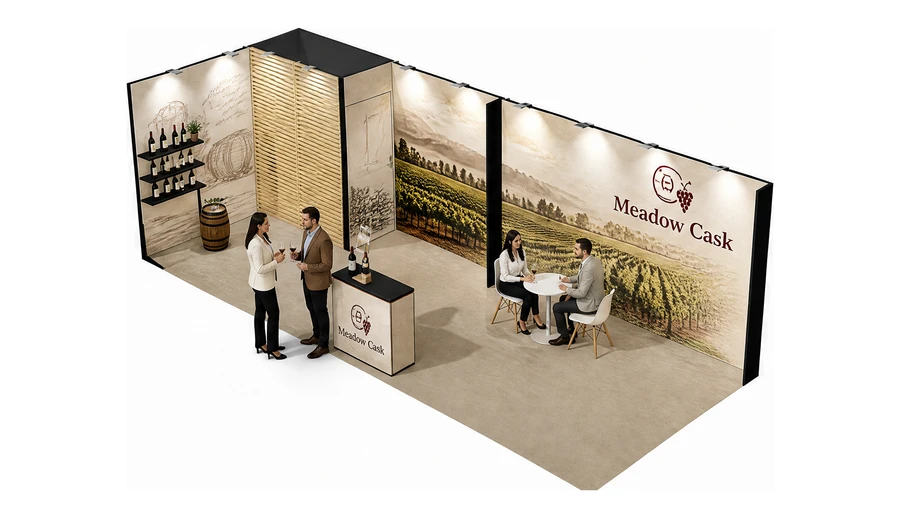 Stoisko 8 × 3 m narożne lewe dla branży winnica, przykładowa marka Meadow Cask