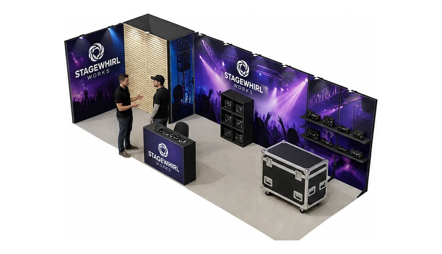 Stoisko 8 × 3 m narożne lewe dla branży branża eventowa, przykładowa marka Stagewhirl Works
