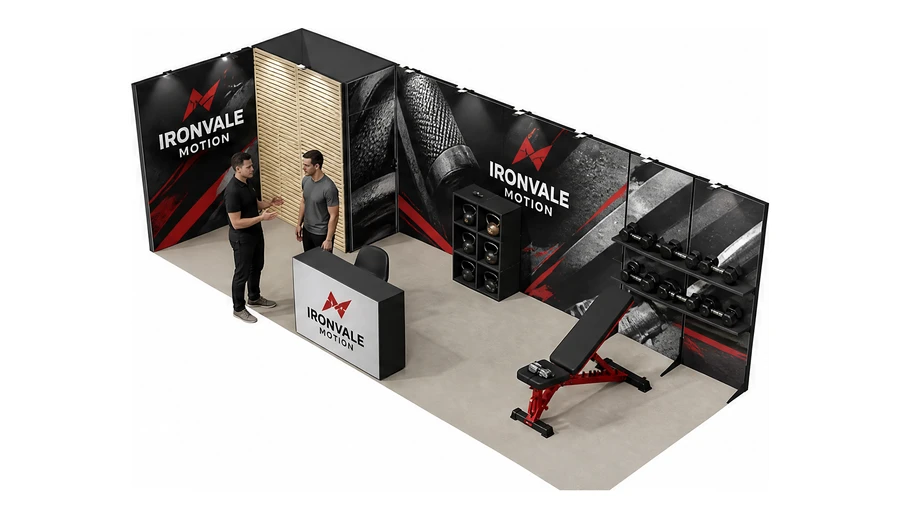 Stoisko 8 × 3 m narożne lewe dla branży fitness i siłownie, przykładowa marka Ironvale Motion
