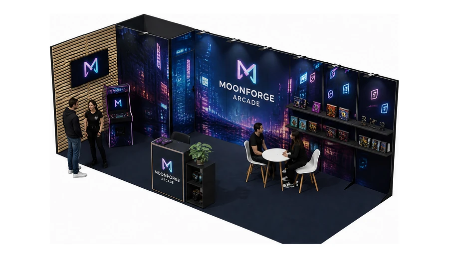 Stoisko 8 × 3 m narożne lewe dla branży gry wideo, przykładowa marka Moonforge Arcade