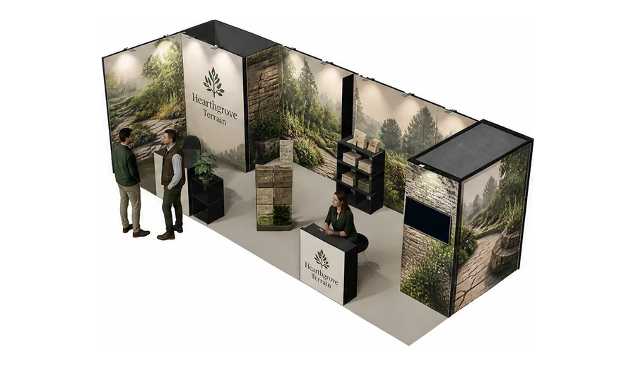 Stoisko 8 × 3 m narożne lewe dla branży ogród i architektura krajobrazu, przykładowa marka Hearthgrove Terrain