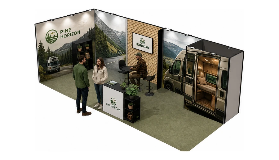 Stoisko 8 × 3 m narożne lewe dla branży caravaning i kampery, przykładowa marka Pine Horizon