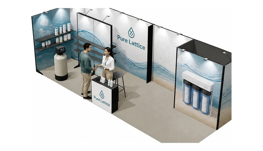 Stoisko 8 × 3 m narożne lewe dla branży technologie wodne, przykładowa marka Pure Lattice
