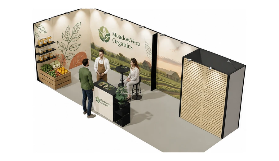 Stoisko 8 × 3 m narożne lewe dla branży żywność ekologiczna, przykładowa marka MeadowVera Organics