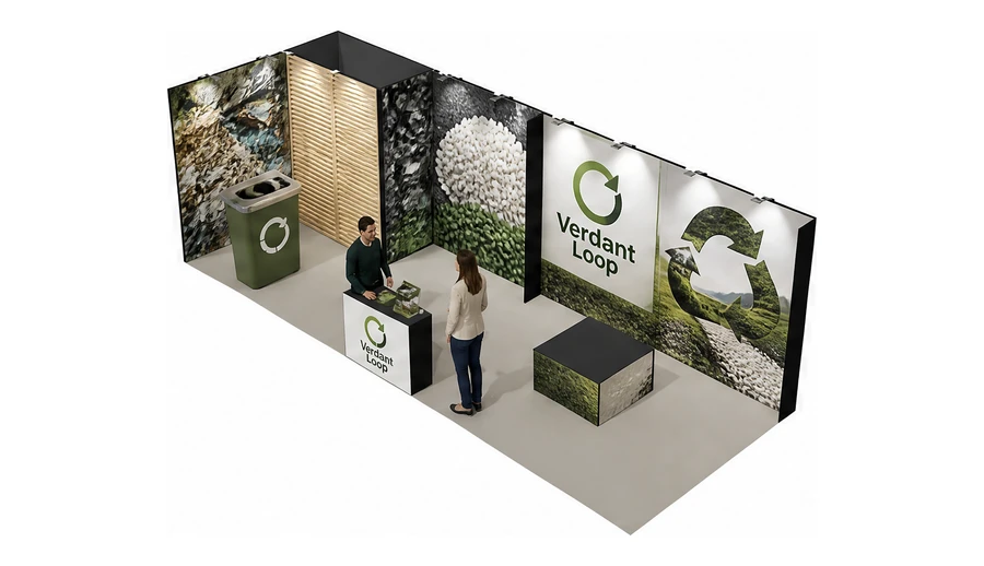 Stoisko 8 × 3 m narożne lewe dla branży recykling i ochrona środowiska, przykładowa marka Verdant Loop