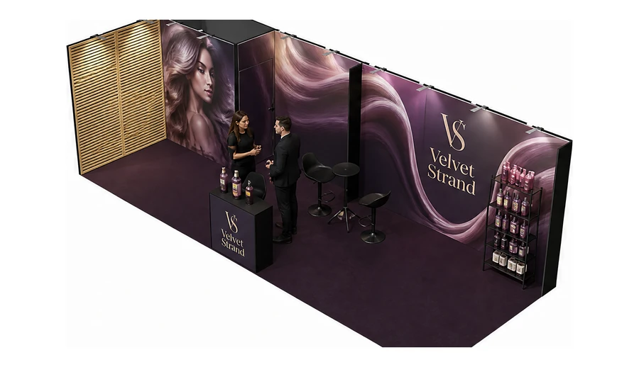 Stoisko 8 × 3 m narożne lewe dla branży fryzjerstwo i salony beauty, przykładowa marka Velvet Strand