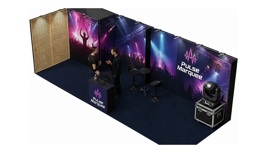 Stoisko 8 × 3 m narożne lewe dla branży branża eventowa, przykładowa marka Pulse Marquee
