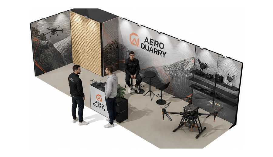 Stoisko 8 × 3 m narożne lewe dla branży drony i robotyka, przykładowa marka Aero Quarry