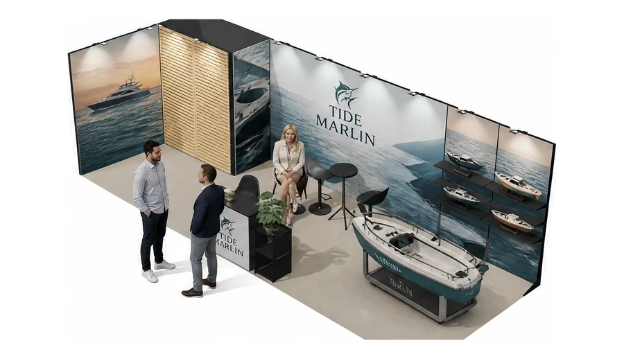 Stoisko 8 × 3 m narożne lewe dla branży jachty i łodzie, przykładowa marka Tide Marlin