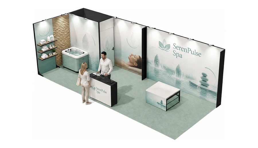 Stoisko 8 × 3 m narożne lewe dla branży spa i wellness, przykładowa marka SerenPulse Spa