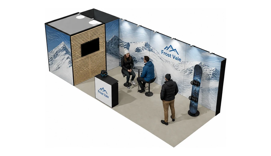 Stoisko 8 × 3 m narożne lewe dla branży narciarstwo i sporty zimowe, przykładowa marka Frost Vale
