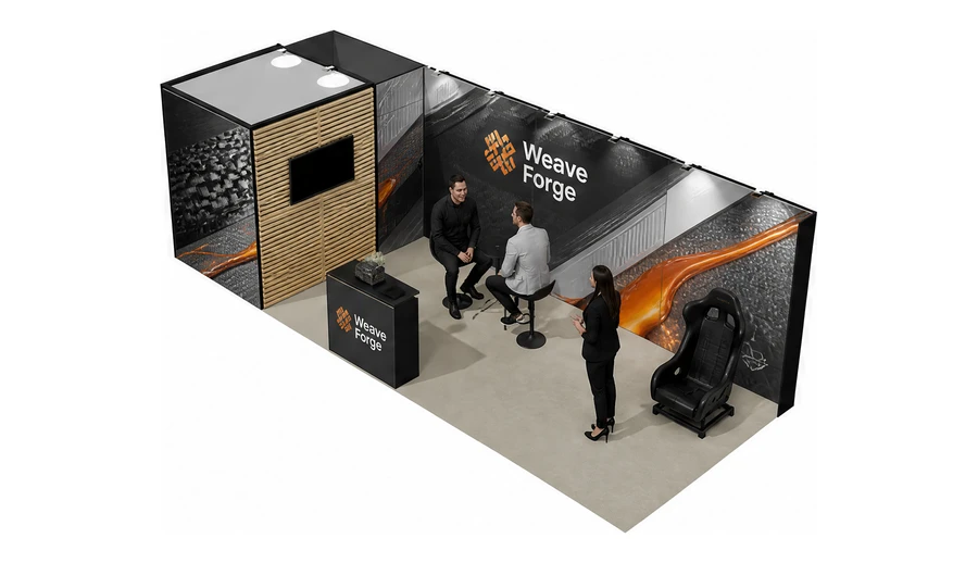 Stoisko 8 × 3 m narożne lewe dla branży materiały kompozytowe, przykładowa marka Weave Forge