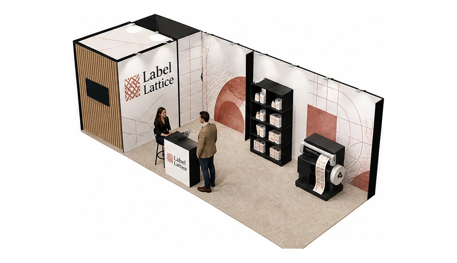 Stoisko 8 × 3 m narożne lewe dla branży etykiety i poligrafia, przykładowa marka Label Lattice
