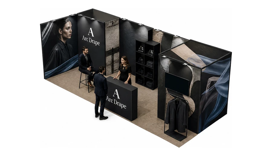 Stoisko 8 × 3 m narożne lewe dla branży odzież i moda, przykładowa marka Arc Drape