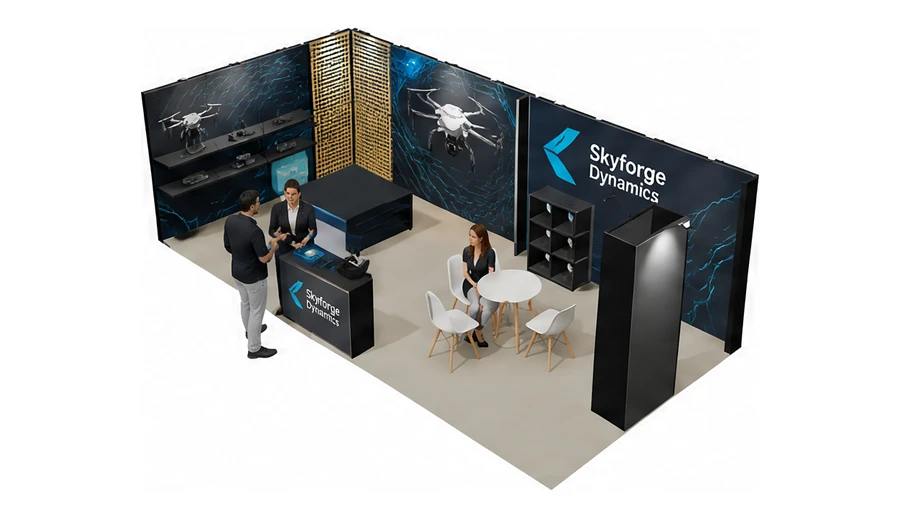 Stoisko 8 × 4 m narożne lewe dla branży drony i robotyka, przykładowa marka Skyforge Dynamics