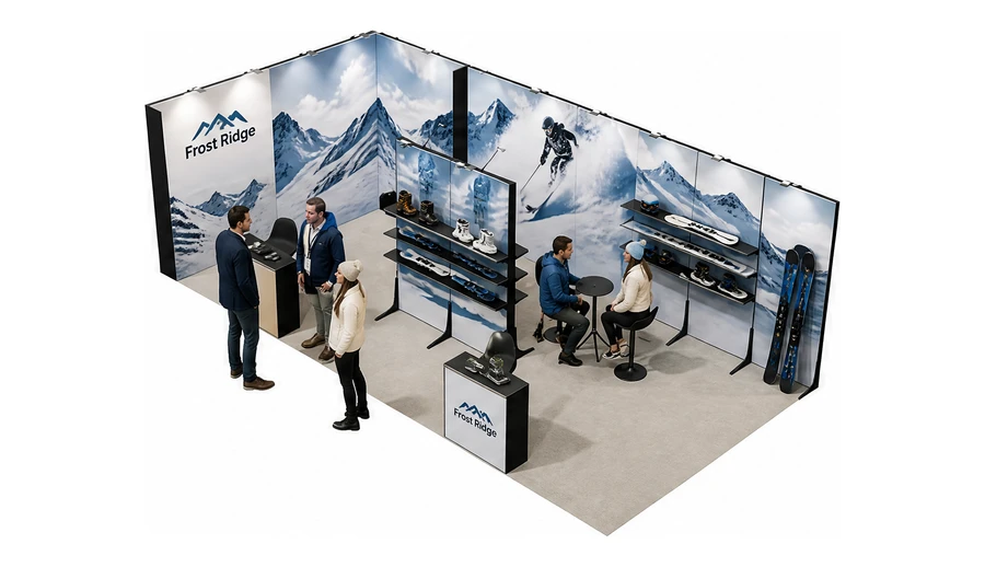 Stoisko 8 × 4 m narożne lewe dla branży narciarstwo i sporty zimowe, przykładowa marka Frost Ridge