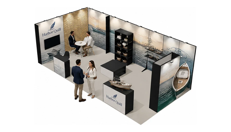 Stoisko 8 × 4 m narożne lewe dla branży jachty i łodzie, przykładowa marka Harbor Quill