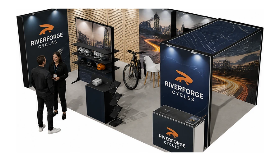 Stoisko 8 × 4 m narożne lewe dla branży rowery elektryczne, przykładowa marka Riverforge Cycles