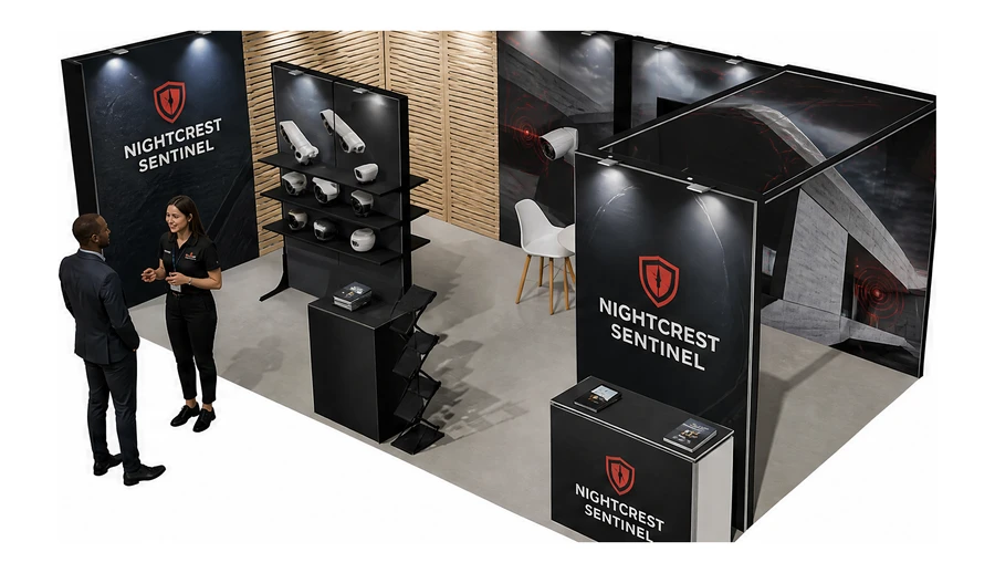 Stoisko 8 × 4 m narożne lewe dla branży systemy zabezpieczeń, przykładowa marka Nightcrest Sentinel