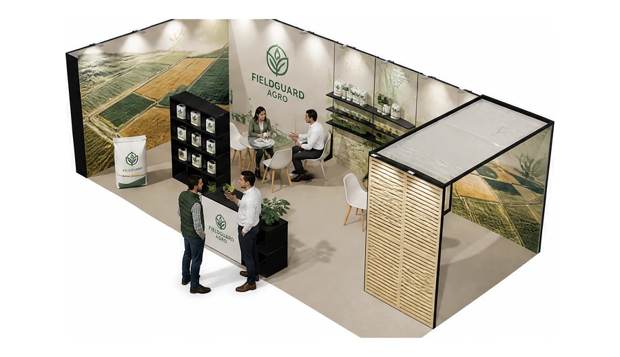 Stoisko 8 × 4 m narożne lewe dla branży nawozy i ochrona roślin, przykładowa marka Fieldguard Agro