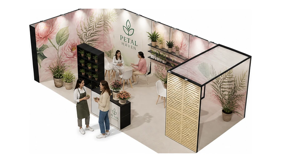 Stoisko 8 × 4 m narożne lewe dla branży rośliny i kwiaciarstwo, przykładowa marka Petal Haven