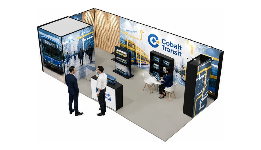 Stoisko 8 × 4 m narożne lewe dla branży autobusy i transport zbiorowy, przykładowa marka Cobalt Transit