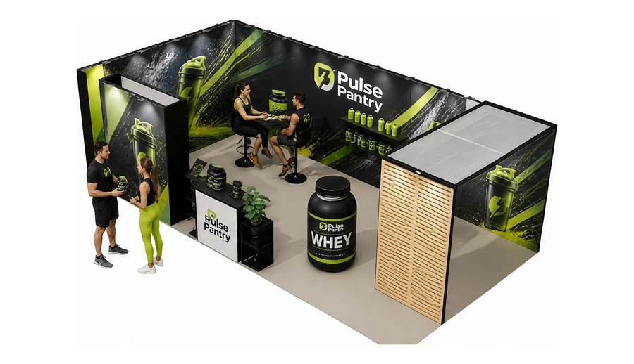 Stoisko 8 × 4 m narożne lewe dla branży suplementy diety, przykładowa marka Pulse Pantry