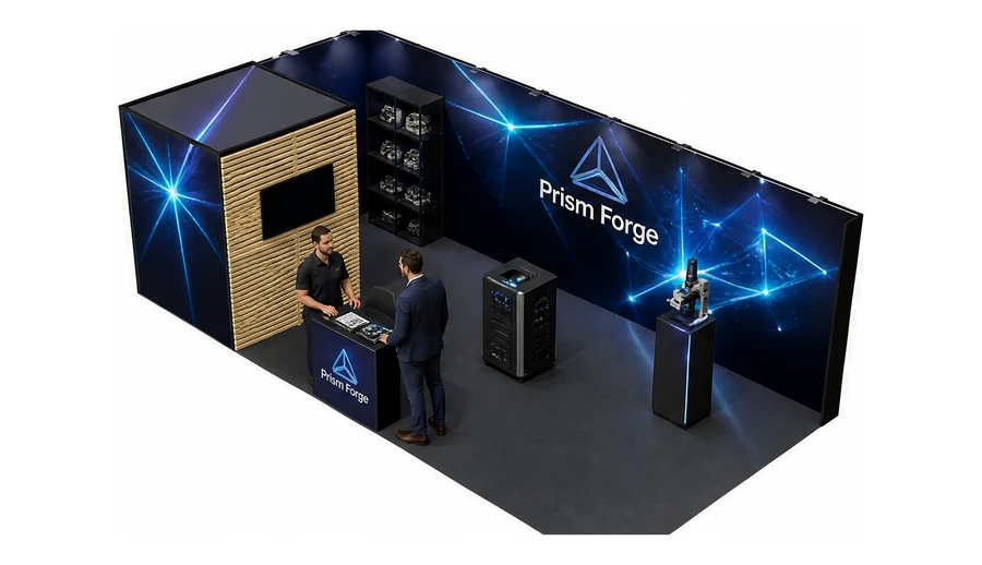 Stoisko 8 × 4 m narożne lewe dla branży technika laserowa i fotonika, przykładowa marka Prism Forge